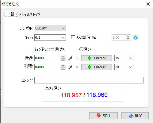 Forex Tester 6の成行注文でUSDJPYのLotとStop LossとTake Profitを入力する画面