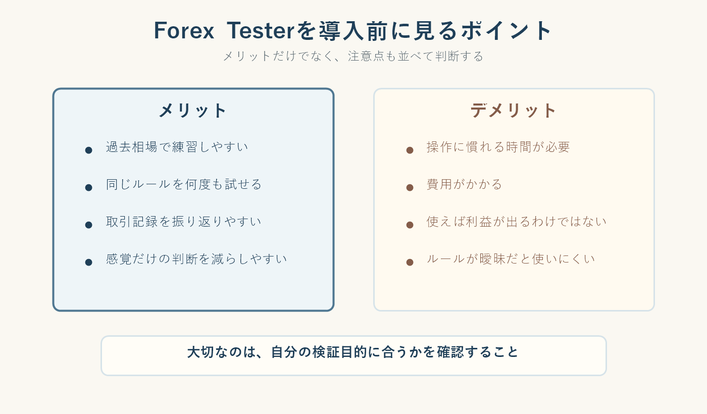 Forex Testerのメリットとデメリットを比較した図解