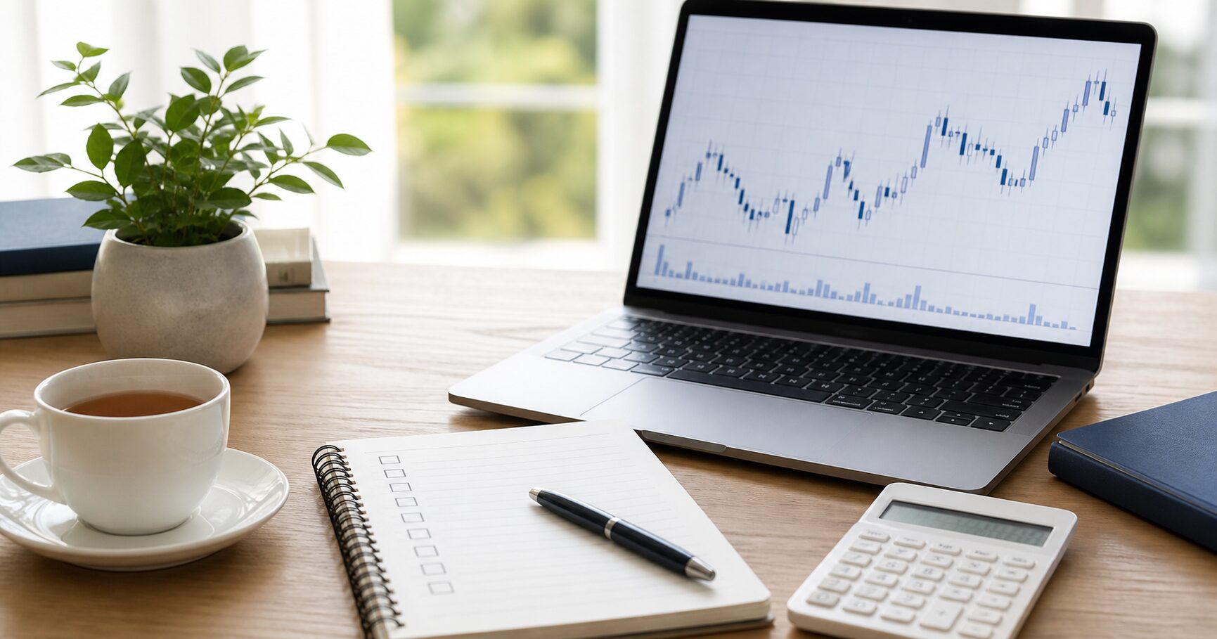 Forex Testerを導入前に落ち着いて比較検討するデスクのイメージ