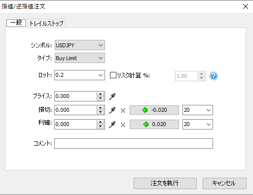 Forex Tester 6の指値逆指値注文でBuy LimitとPriceを設定する画面
